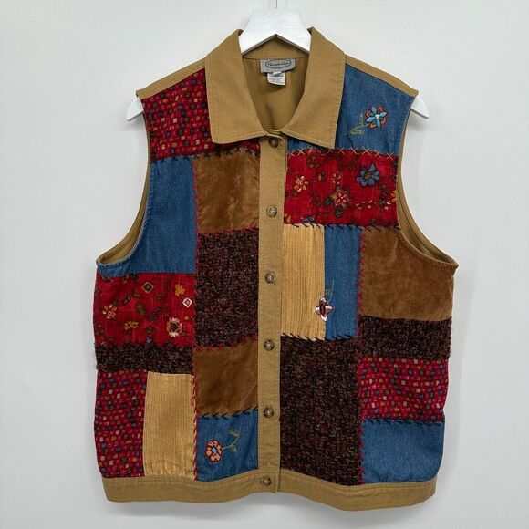 Vintage Stonebridge‎ Vest Jacket Plus Size 1X Patchwork Button Front Embroidered - Picture 1 of 11